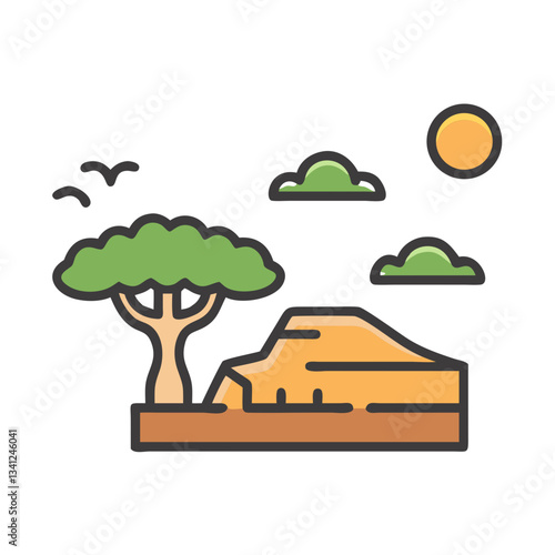 Savanna Landscape Vector ,Flat Nature Illustration with Tree and Hills