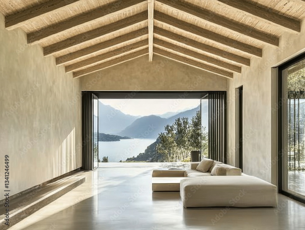 Obraz premium A large open living room with a view of a lake. A couch is in the room. The room has a lot of natural light