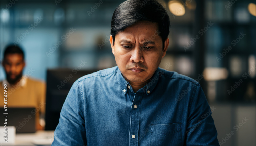 Fototapeta premium Young asian male in blue shirt focused and serious in office setting