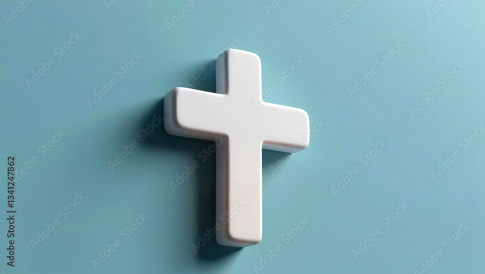 A minimalist white cross mounted against a soft blue background, symbolizing faith and spirituality. A minimalist white cross mounted against a soft blue background, symbolizing faith and spirituality.