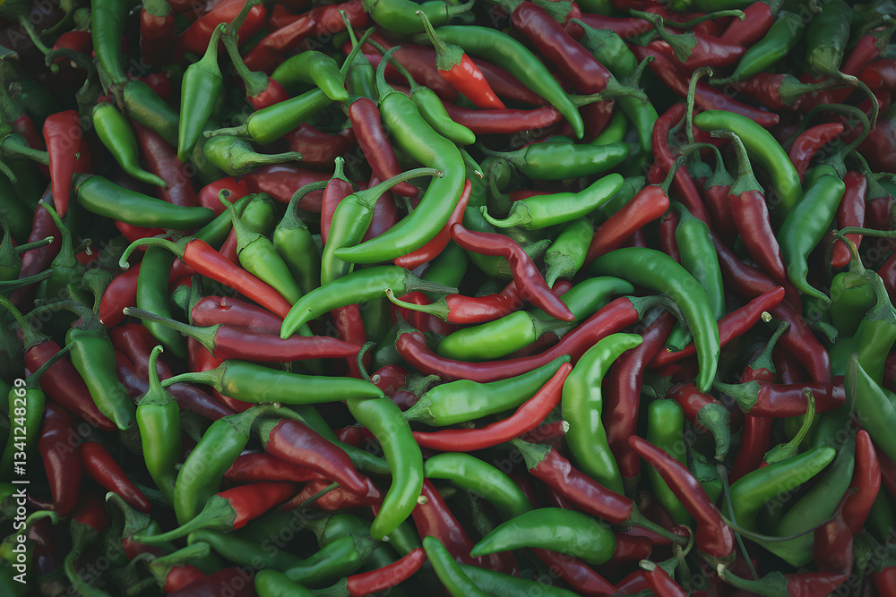 a vibrant pile of red and green chili peppers, capturing the essence of fresh harvest. The peppers are beautifully arranged, displaying their various shapes and colors a vibrant pile of red and green chili peppers, capturing the essence of fresh harvest. The peppers are beautifully arranged, displaying their various shapes and colors