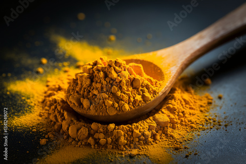 a close-up shot of turmeric powder on a wooden spoon. The powder is bright yellow, and it is placed against a dark surface. The texture of the powder is fine and granular.