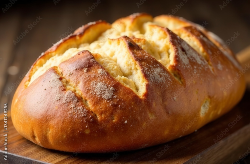 Freshly baked artisan bread on wooden board Freshly baked artisan bread on wooden board