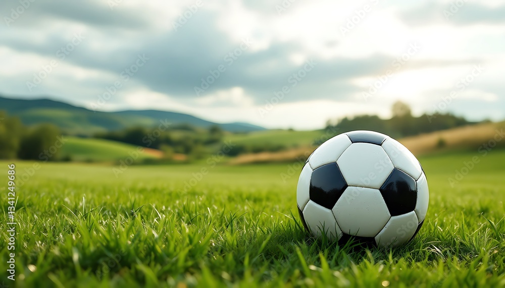 Fototapeta premium Soccer Ball Resting on Grassy Field with Rolling Hills Backdrop