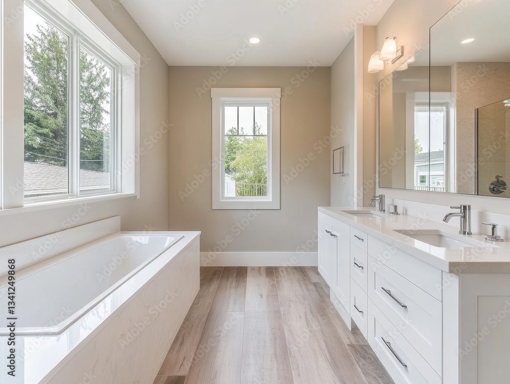 Fototapeta premium A bathroom with a bathtub and two sinks. The bathtub is white and the sinks are white