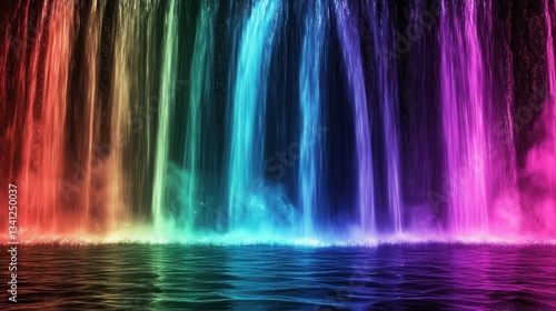 Colorful waterfall cascading over dark rocks