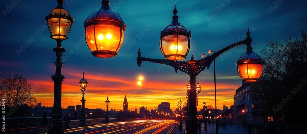 Obraz premium Sunset city bridge lamps, traffic, travel