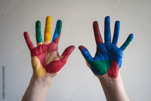 two hands with vibrant colors, showcasing a display of artistry and creativity. The palms and fingers are adorned with various hues, symbolizing self-expression