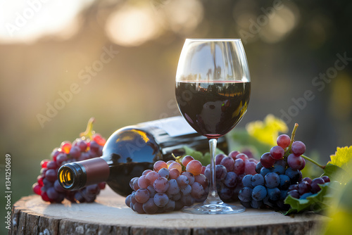 a sophisticated arrangement of wine, grapes, and a bottle, suggesting a moment of luxury and enjoyment