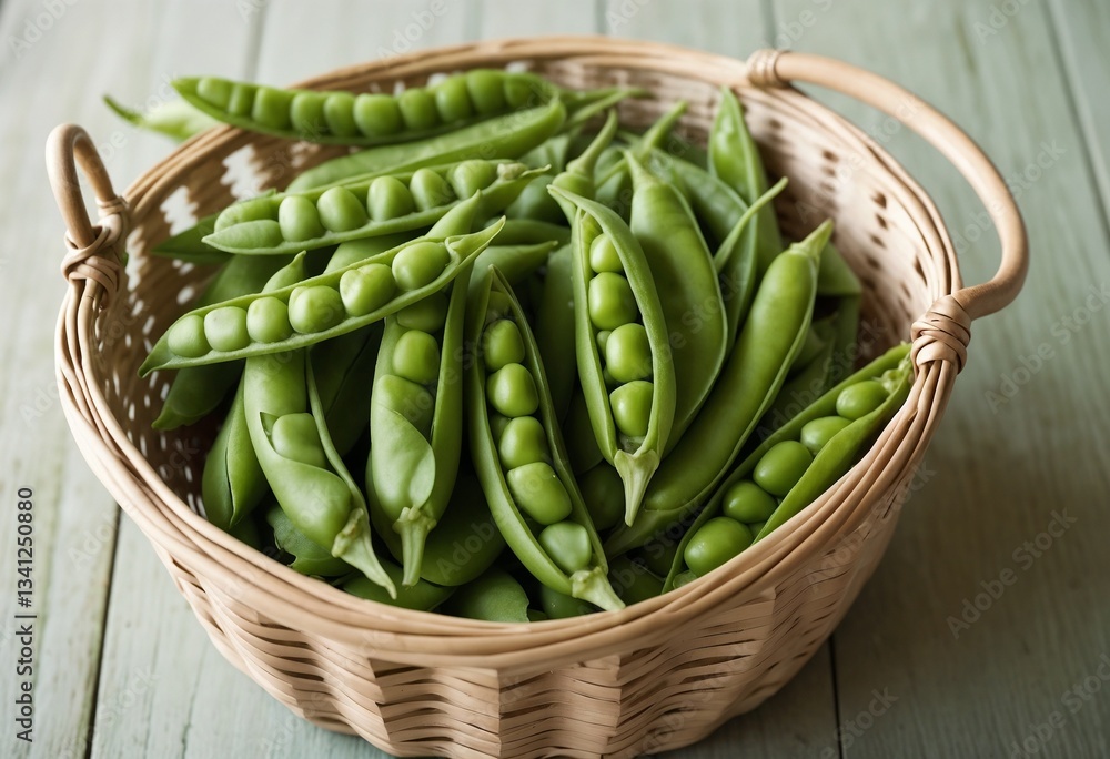 Fresh green peas in a wicker basket for summer nutrition Fresh green peas in a wicker basket for summer nutrition