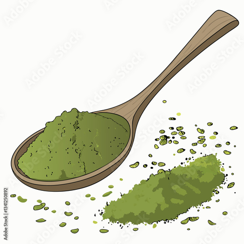 Vibrant Green Matcha Powder in Wooden Spoon, Superfood tea drink fresh vegan energy recipe