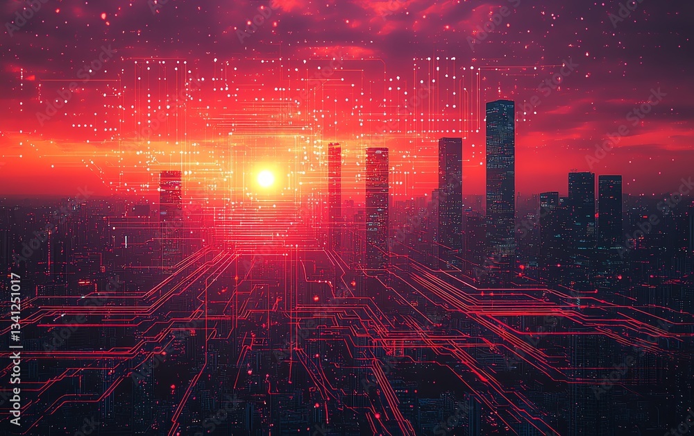 Fototapeta premium Cyberpunk city sunset digital art