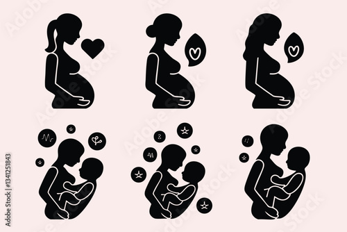 A set of black silhouette icons depicting the journey of pregnancy, from expecting mother to holding a newborn
