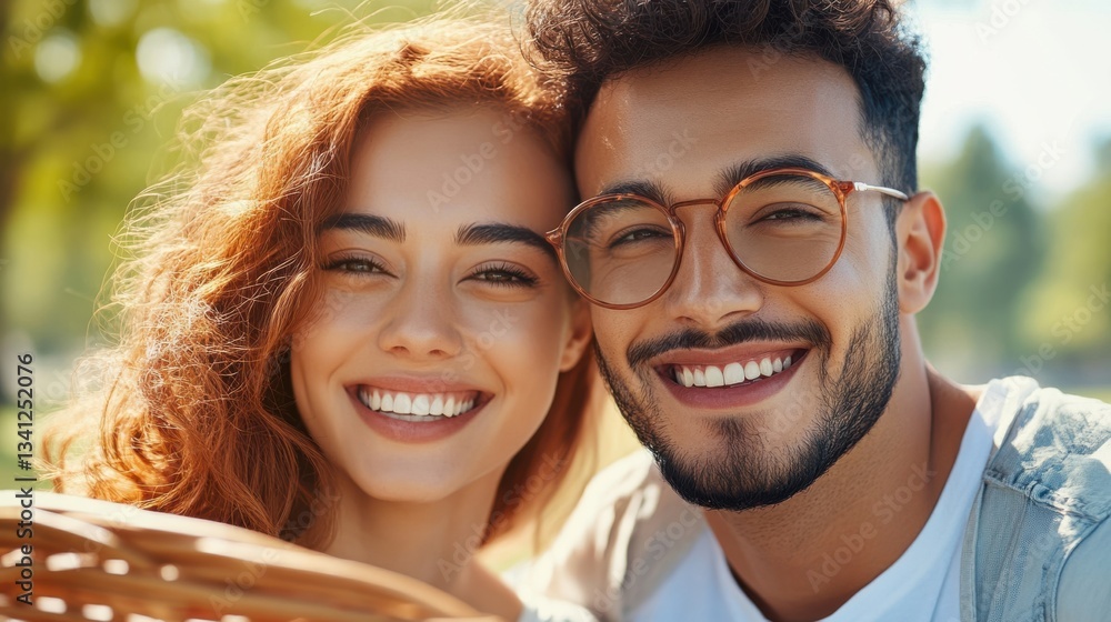 Fototapeta premium Happy Couple Smiling in Nature with Bright Sunlight Background