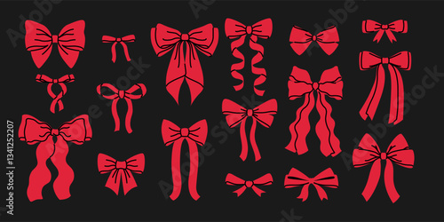 Set Cherry red bows and ribbons for hair. Flat vector illustrations set. Trendy bow for presents wrapping. Gift birthday xmas sale decor. Cute vintage hairstyle elements collection on dark background