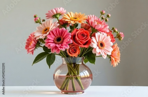 Vibrant floral bouquet of gerberas and roses in glass vase