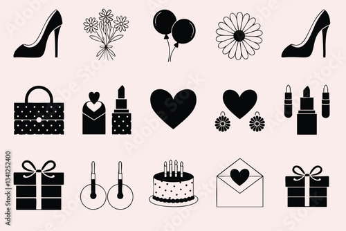 a collection of simple, black and white icons, perfect for representing feminine themes like beauty, gifts, and celebration