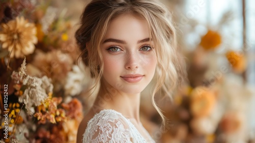 A young woman with long, flowing hair and gentle features poses gracefully against a backdrop of vibrant floral arrangements in soft hues.