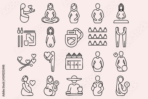 A set of simple, line-art icons depicting various aspects of pregnancy and childbirth