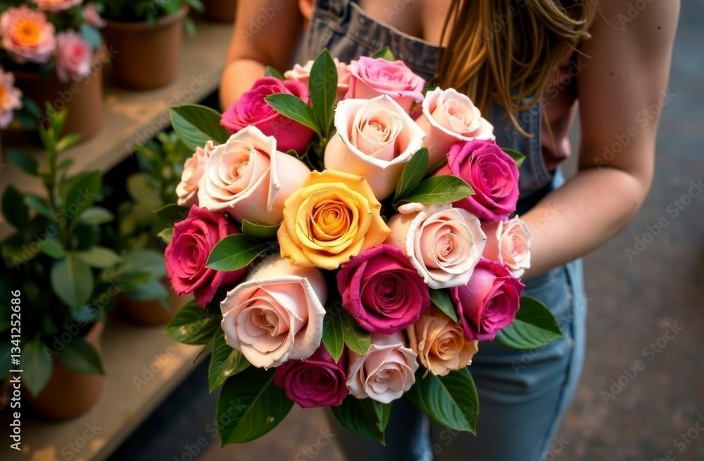 Young caucasian female holding vibrant bouquet of roses in floral shop Young caucasian female holding vibrant bouquet of roses in floral shop