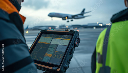 Air traffic controllers are utilizing a rugged tablet to track and manage flight operations as an airplane lands in the background on a dreary day