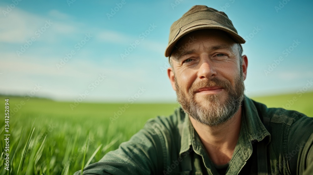 Fototapeta premium Agricultural Worker Smiling in Lush Green Field Under Clear Sky