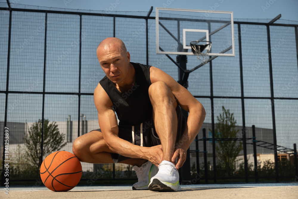 Basketball ankle injury or pain. Professional athlete or sportsman with accident. Basketball player check legs after workout of sport stadium. Man check pain in leg after sport workout.