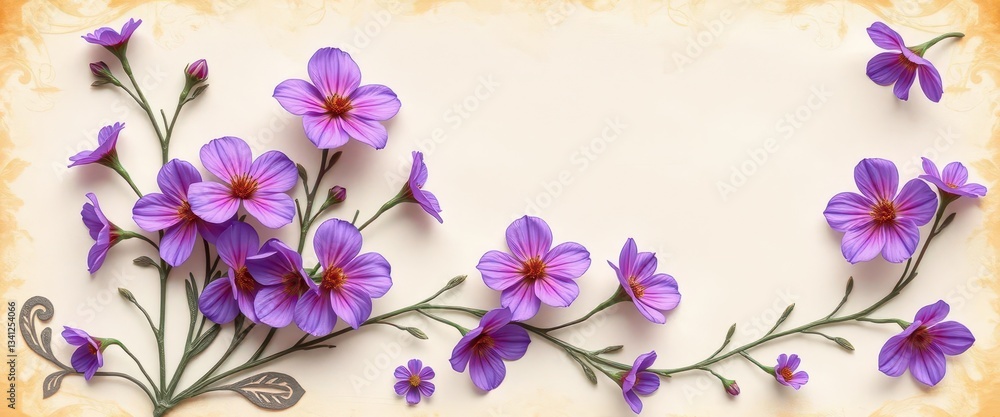 Delicate, antique-style violet floral border with intricate details on aged paper, shabby chic, design Delicate, antique-style violet floral border with intricate details on aged paper, shabby chic, design