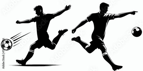 Football Player Shooting silhouette; a footballer striking, propelling the ball forward with power.