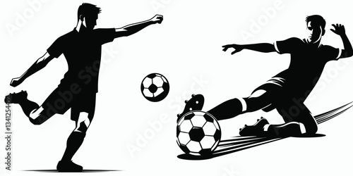 Football Player Shooting silhouette, a powerful kick propels the ball towards victory's goal.