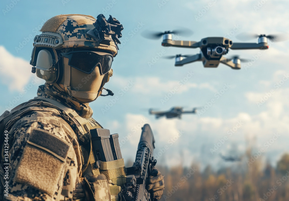 A soldier dressed in camouflage and a helmet stands alert, holding a firearm while observing multiple drones flying overhead in a tactical setting during daylight A soldier dressed in camouflage and a helmet stands alert, holding a firearm while observing multiple drones flying overhead in a tactical setting during daylight