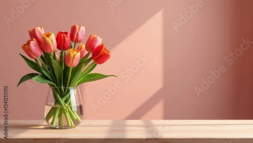 Wallpaper Mural A vibrant bouquet of spring tulips in a clear glass vase, sitting on a light wooden surface against a soft pink wall, bathed in sunlight Torontodigital.ca