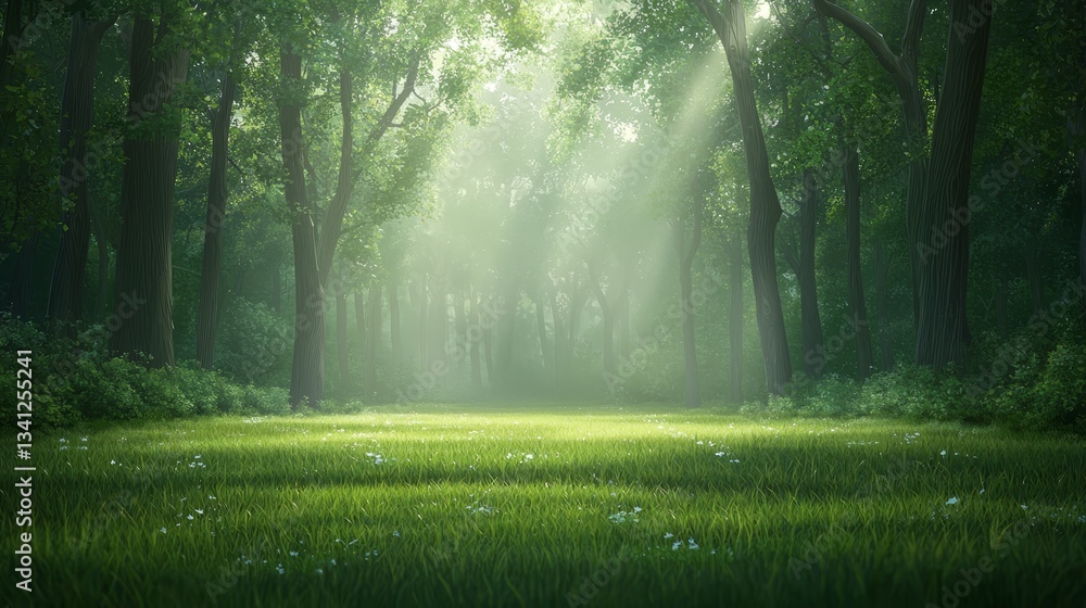 Obraz premium Tranquil forest scene majestic trees and vibrant green grass in harmony lush