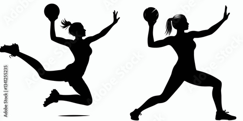 Handball player pose action falling techniques silhouette shows dodging skills to protect from injuries.