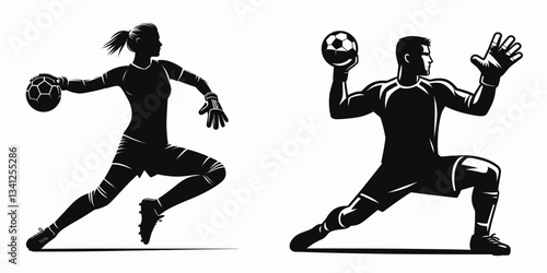 Handball player pose action goalkeeping silhouette with focused shadow figure anticipates the shot in net.