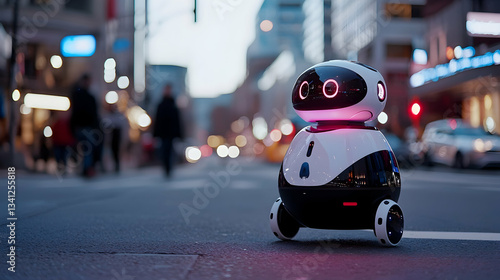 Futuristic Personal Assistant Robot in City at Night