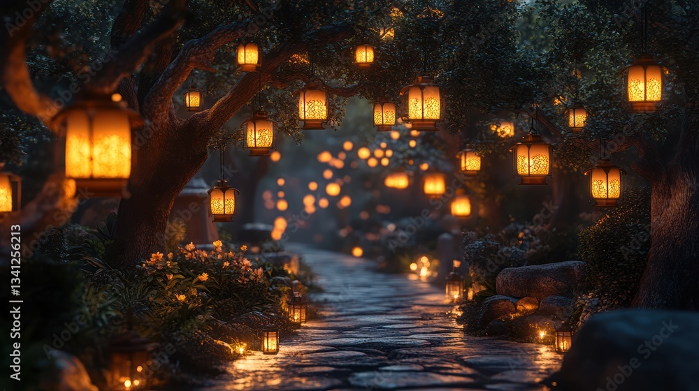 Obraz premium Magical Floating Lanterns Pathway at Night