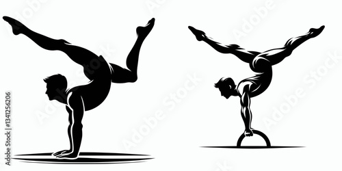 Sport artistic gymnastics dismounts silhouette shows dynamic body control as athletes fly through the air.