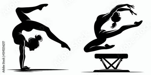 Sport Artistic Gymnastics Balances silhouette, a dancer’s shape embodies grace, control, & artistry in motion.