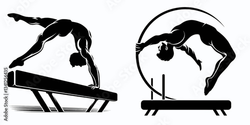 Sport artistic gymnastics vaulting silhouette, a powerful athlete soars, defying gravity's pull during their aerial maneuvers.