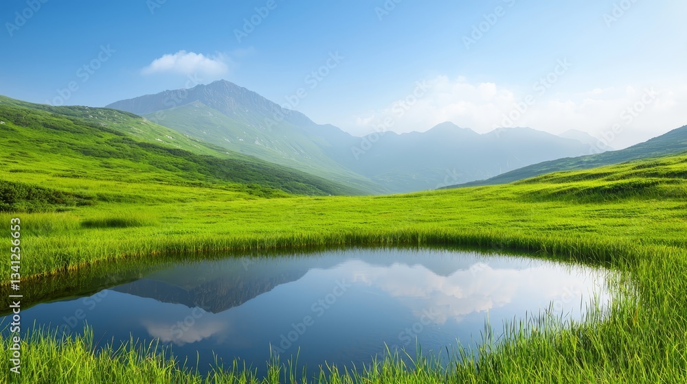 Tranquil mountain vista small pond in grassy meadow with majestic peaks in the background Tranquil mountain vista small pond in grassy meadow with majestic peaks in the background