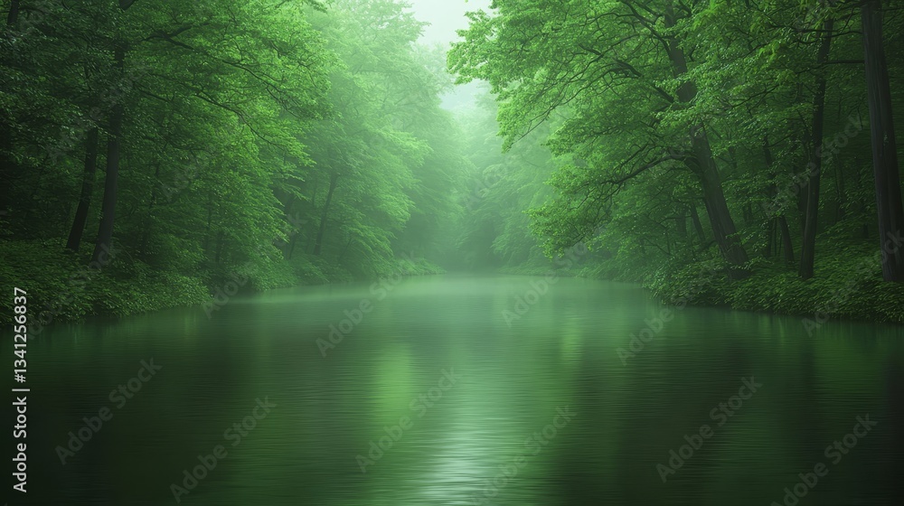 Obraz premium Serene river landscape small boat amidst lush riverside trees in tranquil nature