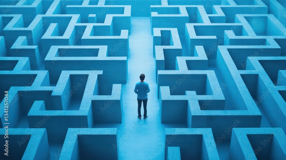 Man standing in a maze deep in thought considering his options while surrounded by high walls and twisting paths Man standing in a maze deep in thought considering his options while surrounded by high walls and twisting paths
