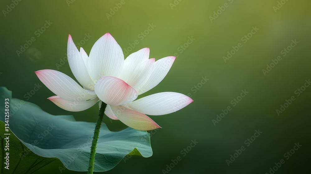 Fototapeta premium Closeup of delicate white lotus with soft pink petals in full bloom