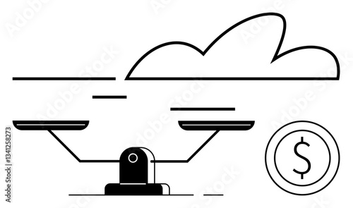 Balance scale signifying equality, dollar coin near cloud lines. Ideal for finance, economy, investment, decision-making, wealth distribution, business strategy equality. Simple flat metaphor