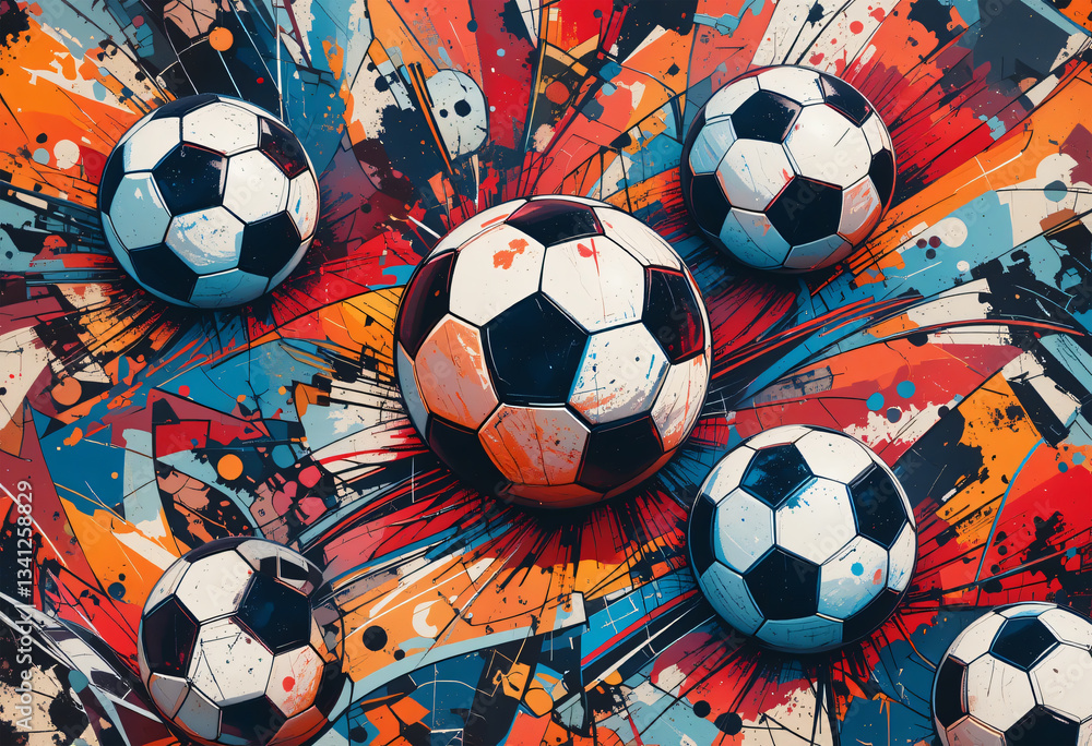 Soccer Ball Explosion: An artistic and vibrant collection of soccer balls burst forth against a colorful splatter-paint background, evoking energy and excitement. Soccer Ball Explosion: An artistic and vibrant collection of soccer balls burst forth against a colorful splatter-paint background, evoking energy and excitement.