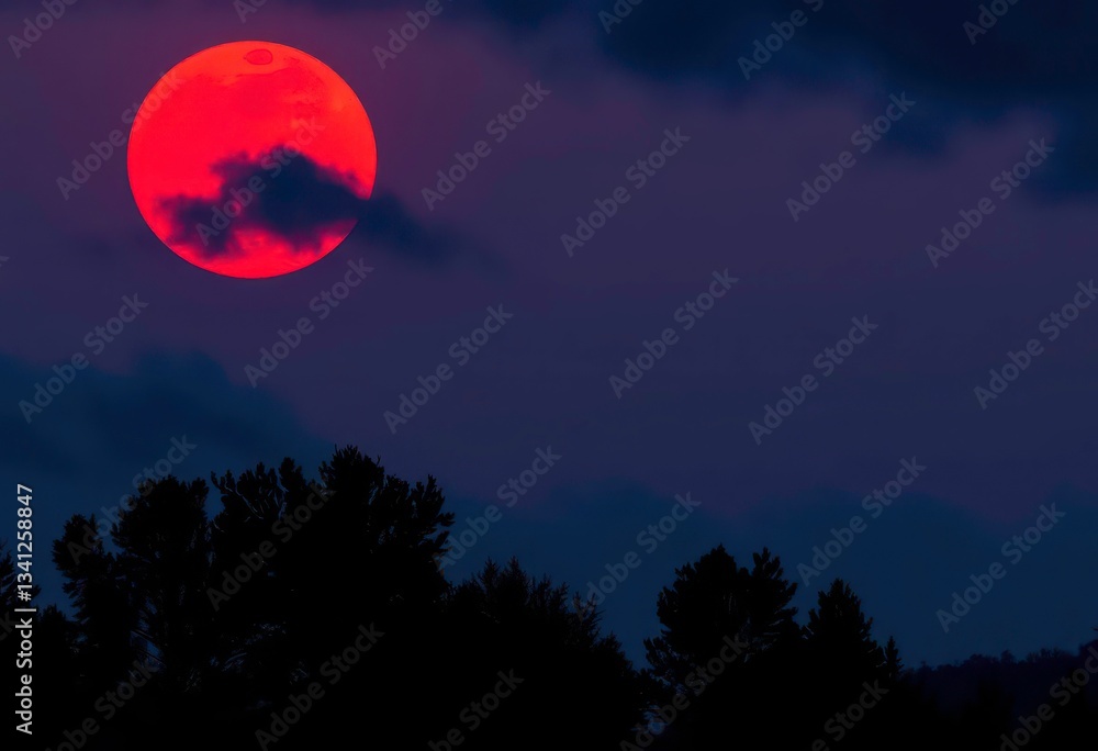 Obraz premium Crimson moon dominates stormy twilight sky, silhouetted trees , eerie, stormy sky
