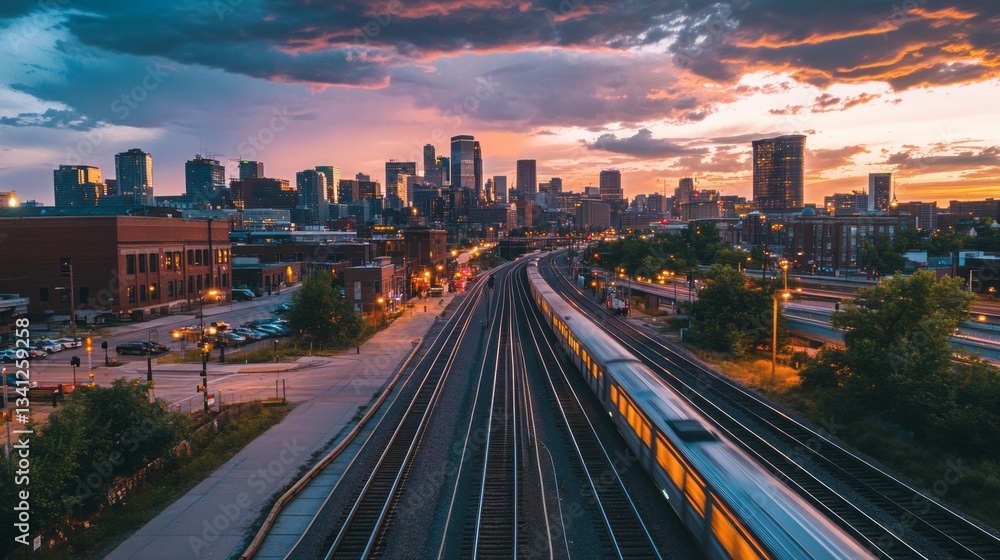 Obraz premium Train speeding through city at sunset.