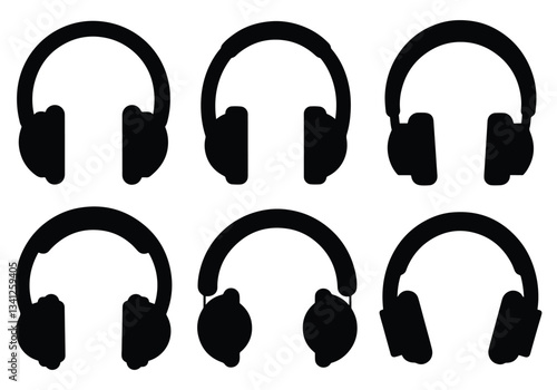 Collection of silhouette headphone icon vector on white background