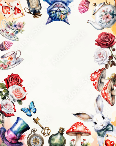 Wonderland poster, banner, greeting card.  Watercolor white rabbit, cat,  hat, key, clock, tea cup, rose, mushrooms  and other. Frame and place for text. Vector illustration